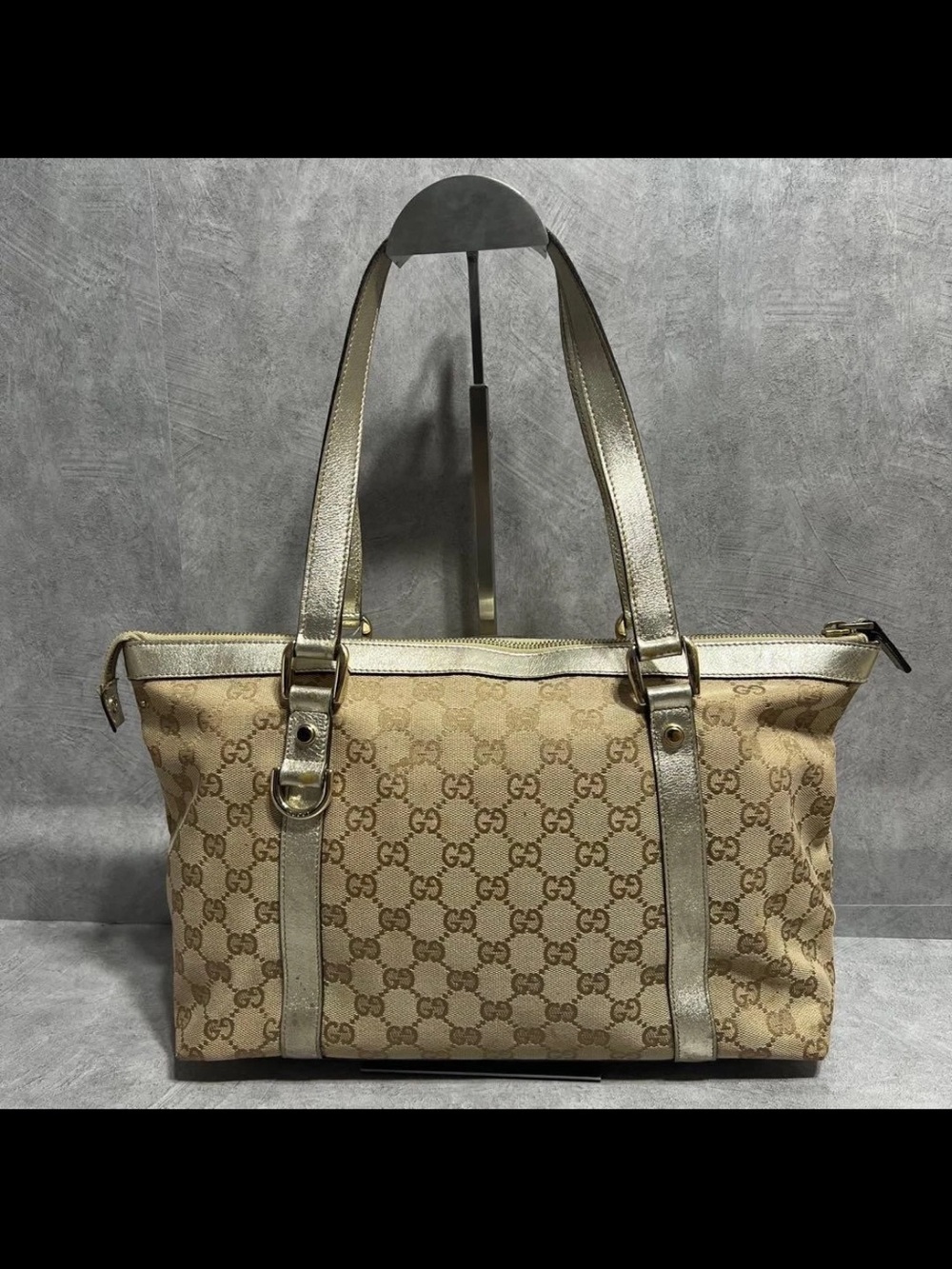 Gucci Beige Monogram Shoulder Bag with Metallic Gold Straps